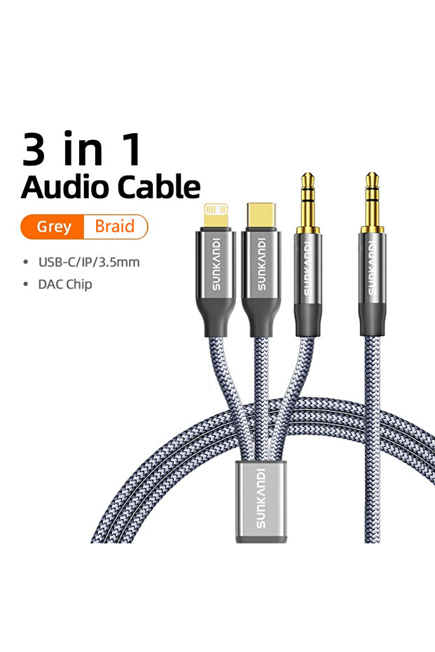 كابل USB-A/Type-C/Micro USB/Lightning إلى الصوت/الفيديو بطول 0.6 متر، لون رمادي داكن، سونكاندي 3 في 1، 3.5 ملم إلى IP+3.5 ملم+U