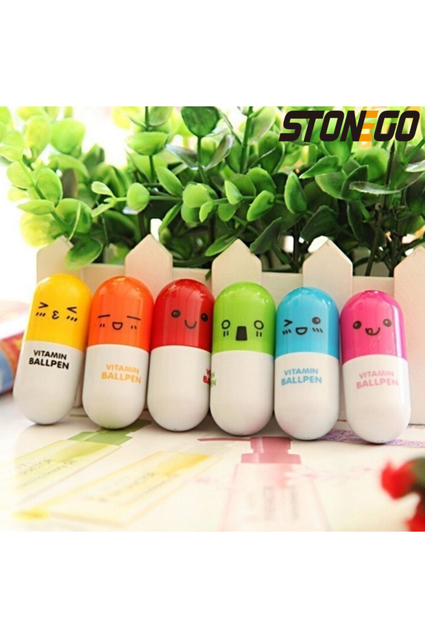 1Set(6Pcs) STONEGO Cute Smiling Face Pill Ball Point Pen Pencils Telescopic Capsule Ballpen