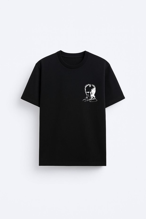 Mustafa Kemal Atatürk Chest Printed Cotton Fabric Black T-Shirt T-Shirt