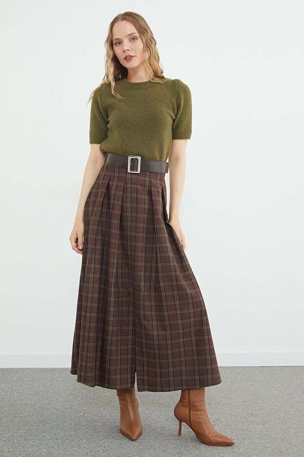 Belted Plaid Patterned Slit Maxi Skirt