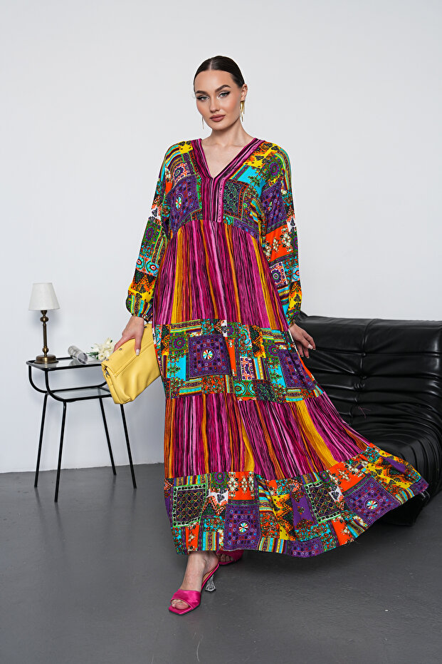 Full Length Patchwork Long Sleeve Dress - 1