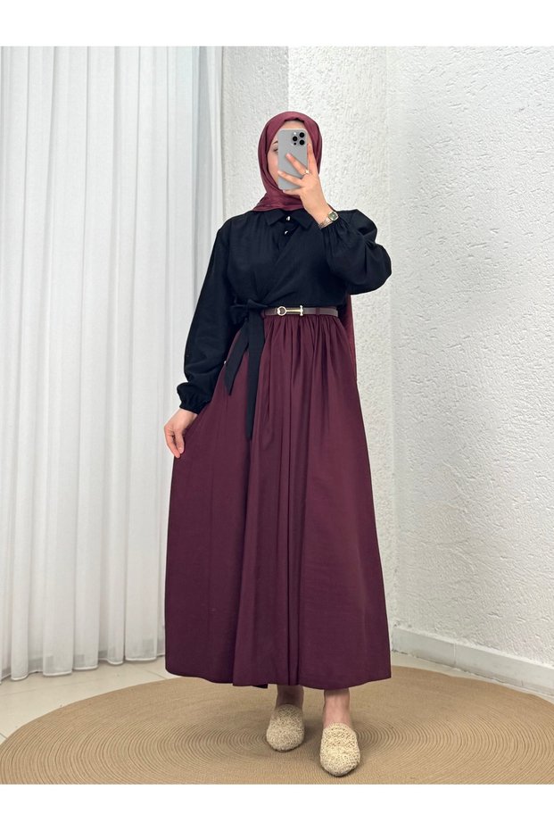 Seniha Gathered Double Pocket Belted Skirt-Pa203 Burgundy