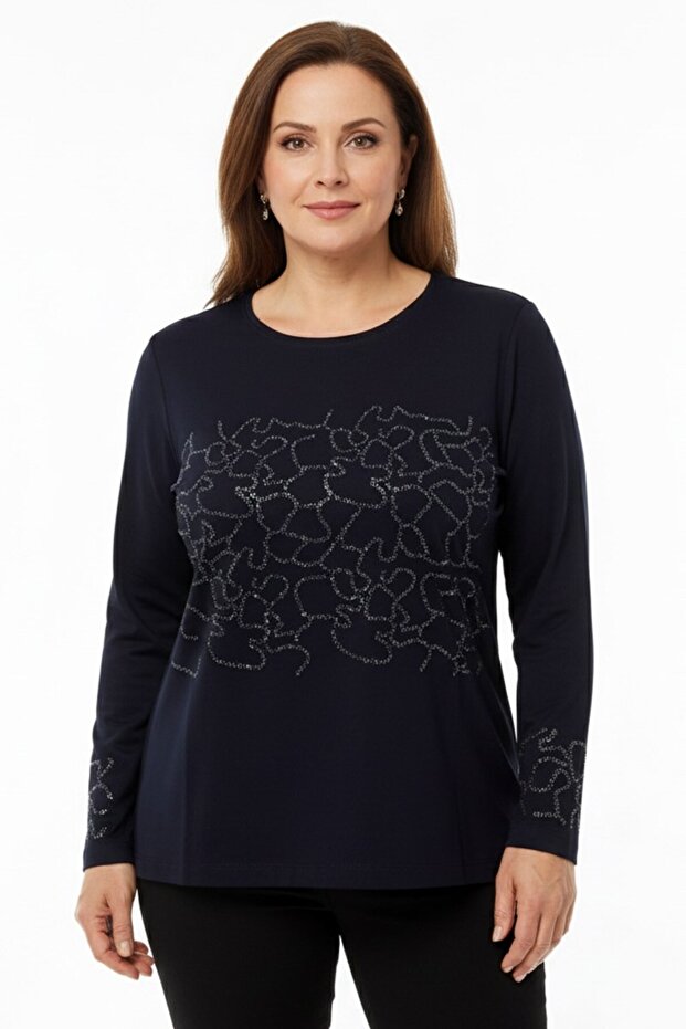 Women's Navy Blue Stone Detailed Combed Cotton Blouse
