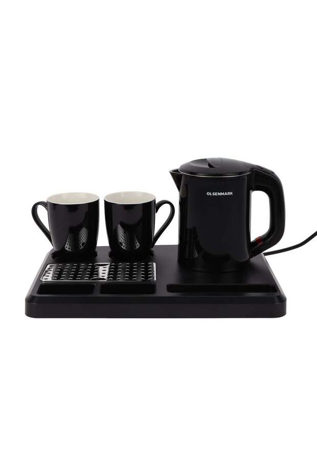 0.8L Electric Kettle Coffee Table Set – OMK7067 | 600W, Concealed Heating, Auto Power-Off, 360° Base, Includes 2 Mugs & Serving Tray – Black