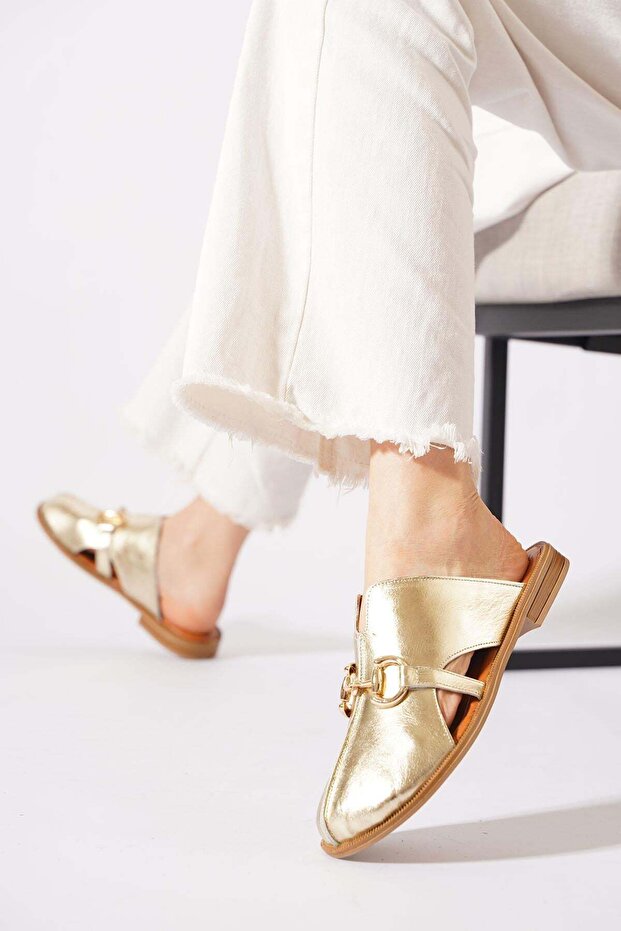 Holer Women's Genuine Leather Slippers with Side Open Buckle in Gold