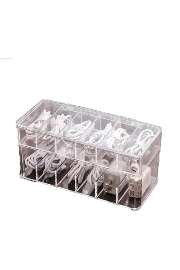Cable Tidy Box, Double Layer Cable Organizer Box with Lid, 12 Grids Large Storage Box for Data Cables and Charger Plugs, Clear Cable Management Box