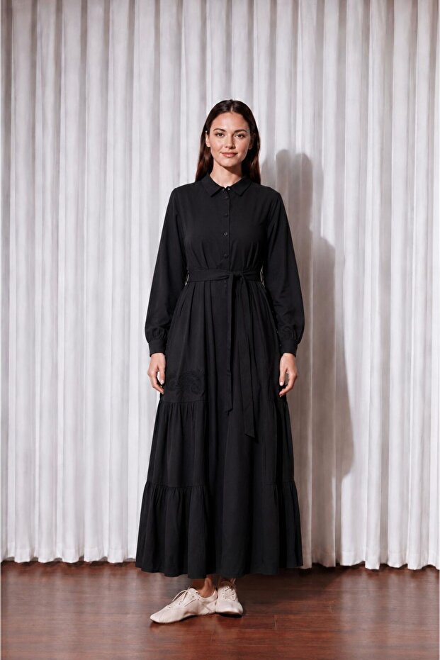 26134 Embroidered Detailed Belted Cotton Dress