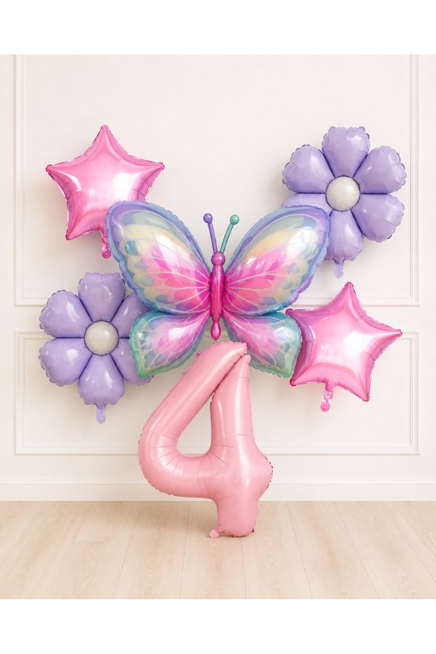 Pink Lilac Themed Butterfly -4- Age Number Balloon Set