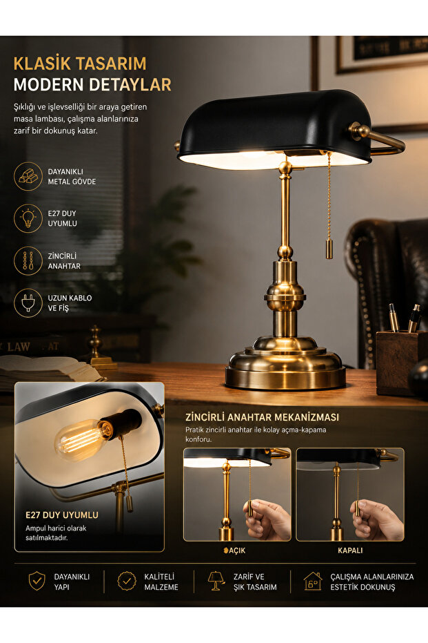 New Banker Antique Style Black Headed Table Lamp