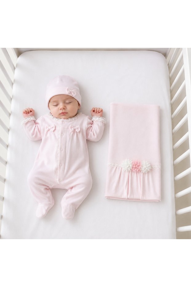 Lucy 0-3 Months Baby Girl Hospital Discharge Set | Bowknot Lace Detailed Jumpsuit Hat Blanket Set | Newborn Pink 3-Piece Baby Set