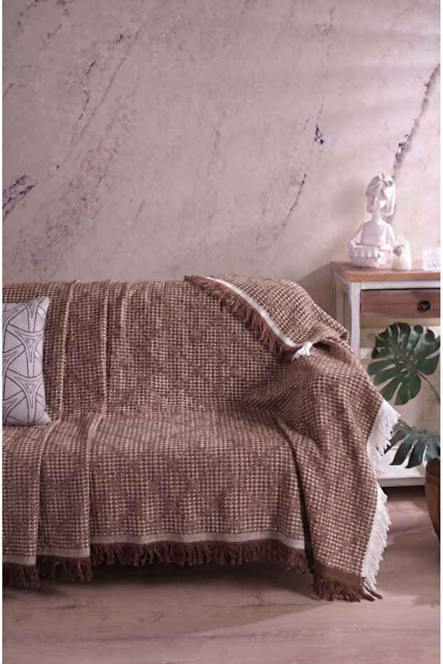 Cotton Textured Sofa Throw 170X220 cm – Fringed Tv Blanket & Decorative Sofa Cover