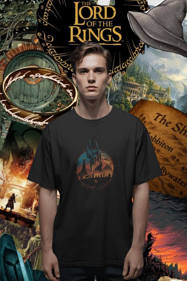 Lotr Lord of the Rings Unisex Oversize T-Shirt - Special Collar Print 24/1 Cotton