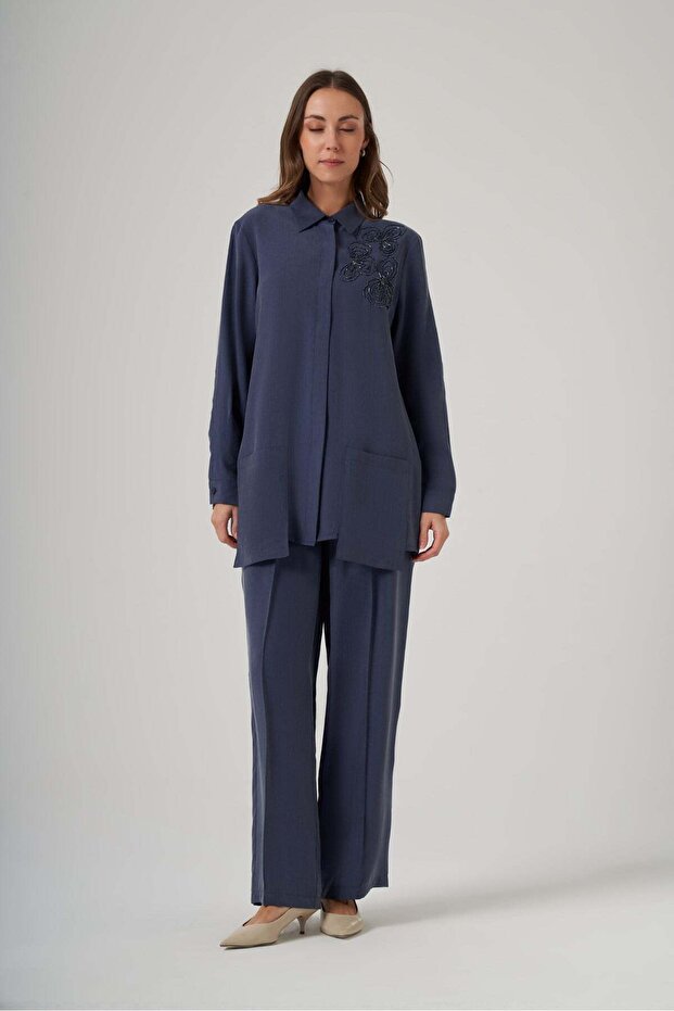 1070 Stone Embroidered Shirt Suit - Indigo