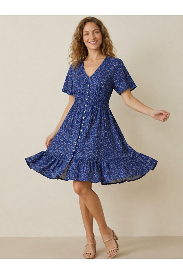Navy Blue Ditsy Print Knee Length Dress