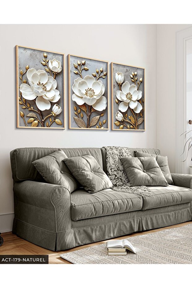 White Flower with Gold Leaves 3 Piece Wooden Framed Painting Act