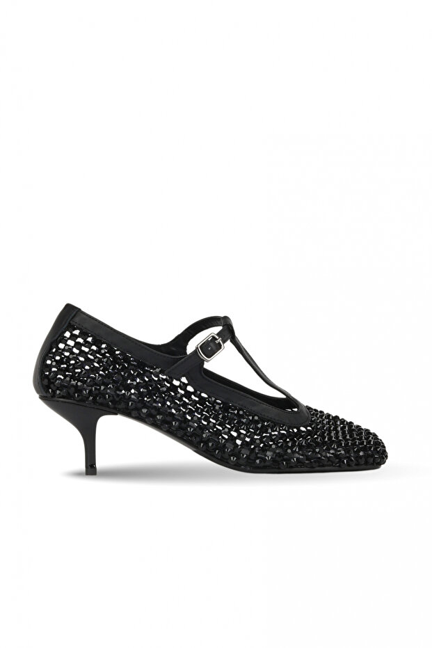Black stone embellished leather women's heeled sandals