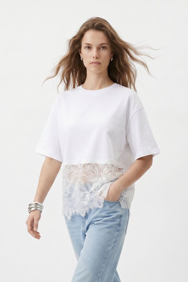 White Crew Neck Skirt Lace Detailed T-Shirt 07