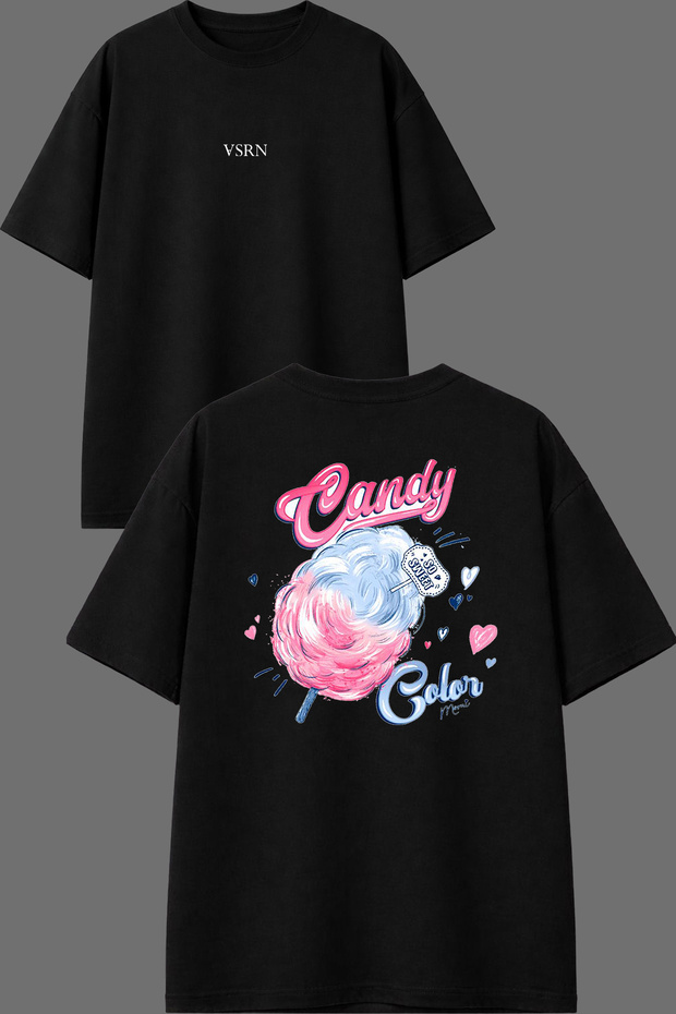 Cotton Candy Design Front and Back Printed Black Oversize T-Shirt