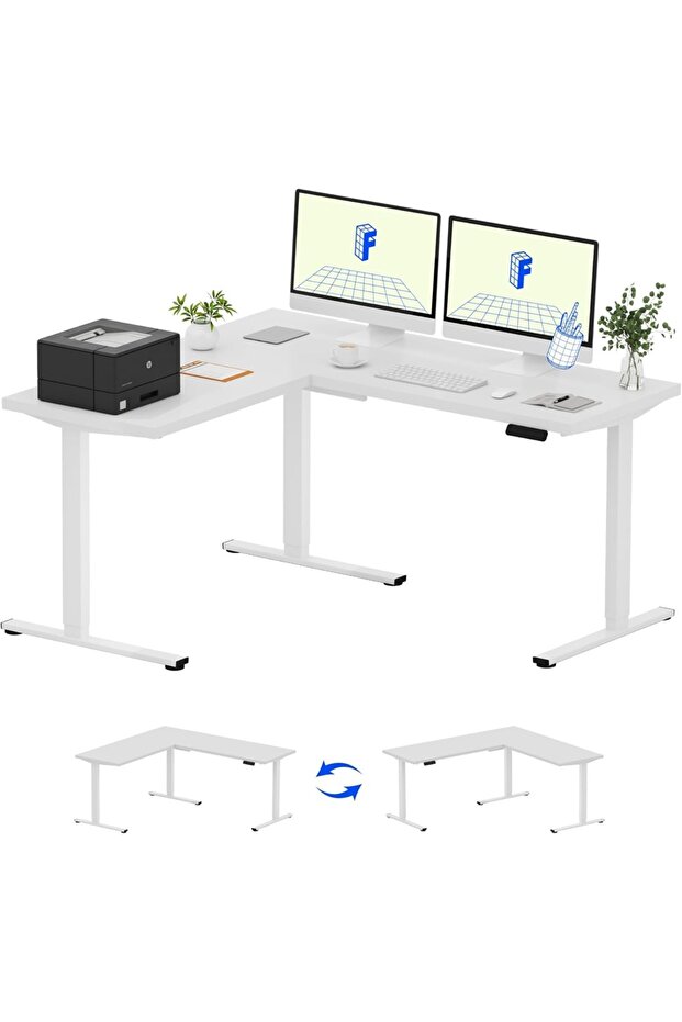 Electric Height Adjustable L-Shaped Standing Desk 63 x 55 Inch Reversible Corner with Memory Presets and Anti-Collision System Ergonomic Sit Stand Workstation for Home and Office - White