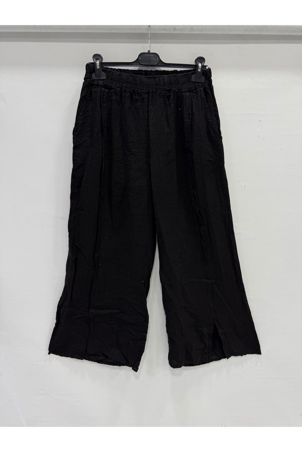 Women's Black Italian Elastic Waist Loose Linen Trousers Size 40 - 44