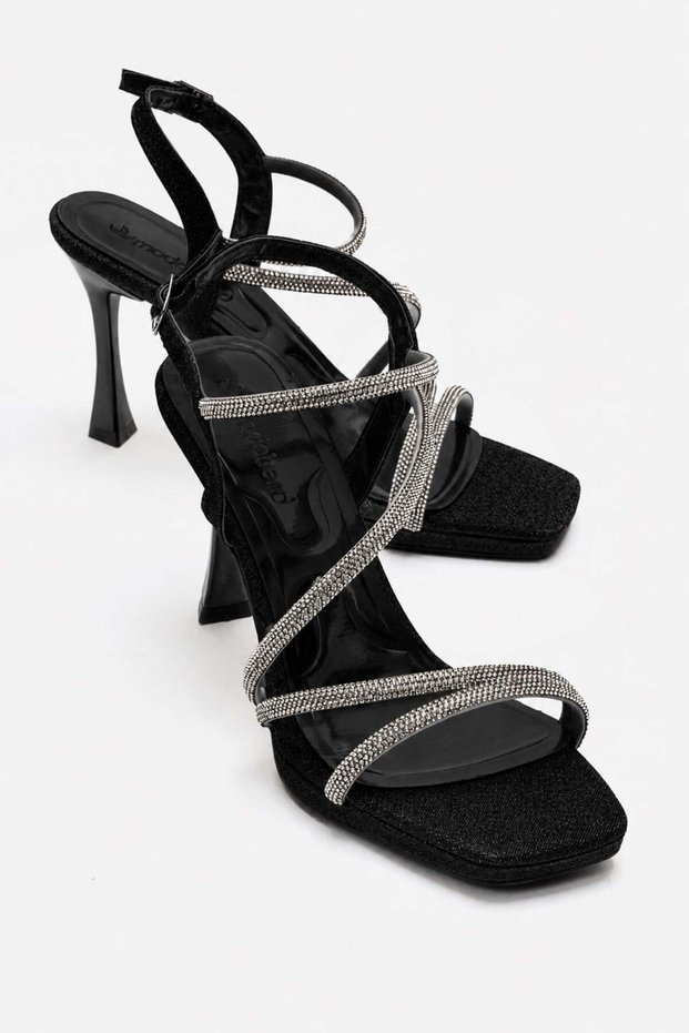 Women's 4 Stone Heeled Sandals with Ribbed Heel and Painted Heel Black Glitter