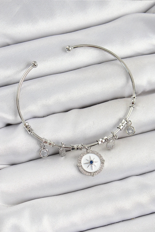 Brass Zircon Stone Compass Model Silver Color Charm Bracelet