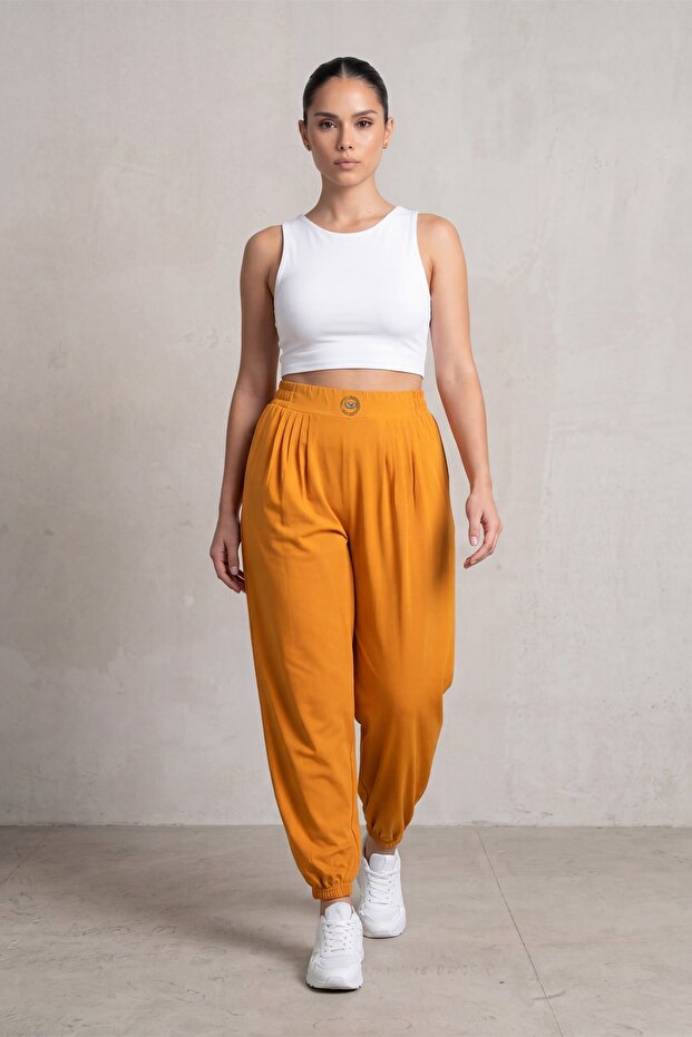 Women's Mustard Summer Pants with Elastic Waist and Cuffs and Stone Detailing