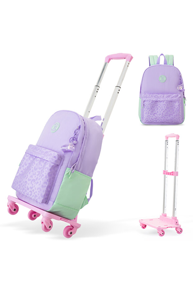 16.5” School Backpack w/ 4-Wheel Trolley–Lightweight Laptop School Bag Set, Glow Backpack Pink