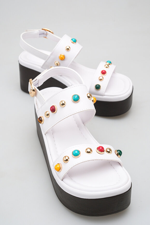 Alessia Rosetti White Beaded Women's Colorful Bead Detailed Daily Double Strap Ankle Strap Wedge Heeled Sandals