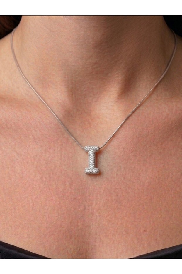 Zircon Stone Steel Balloon Model I Letter Necklace