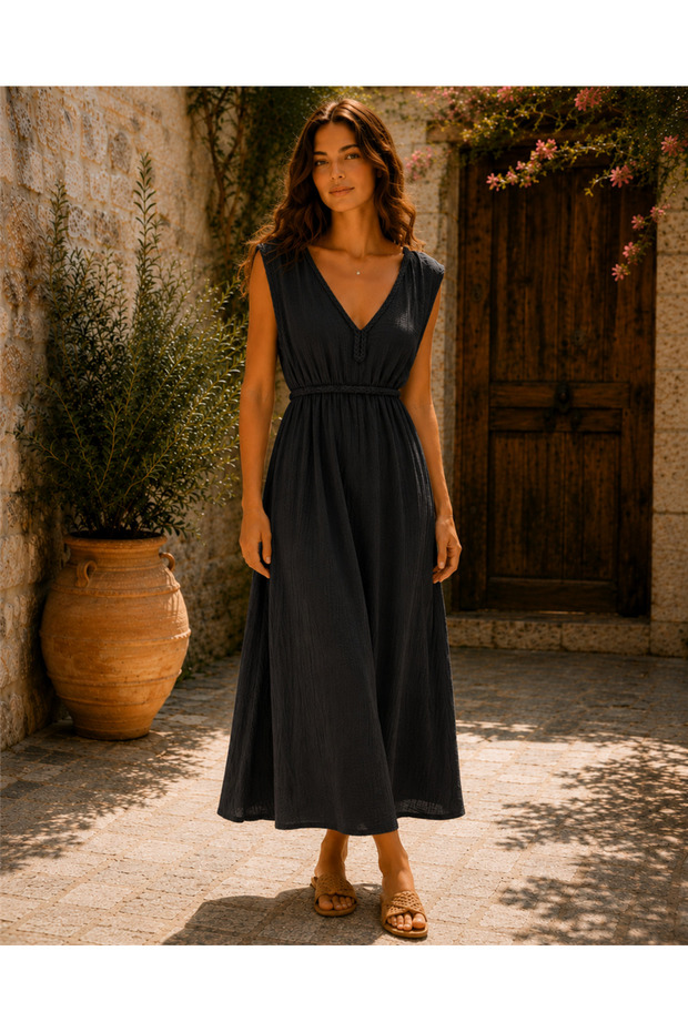 Black Color Cleopatra Hair Braided Muslin Dress