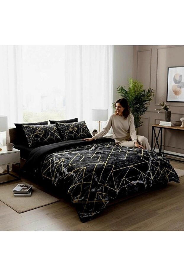 Special Design Single Bedding Set Luxury Cotton Satin 160X240 cm Marble Pattern Black Gold Premium