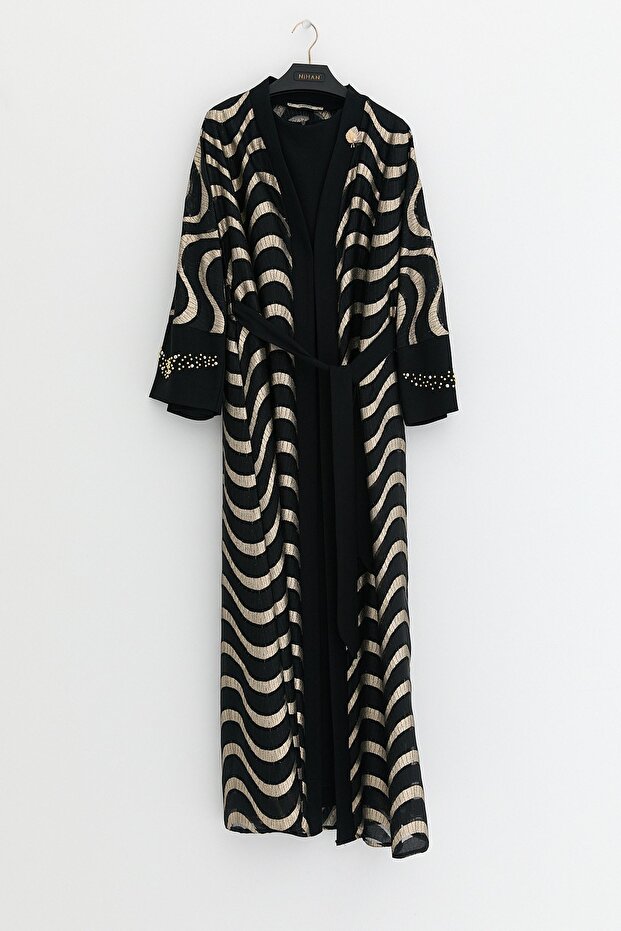 Plus Size Jacquard Fabric Dress Abaya Set - Black