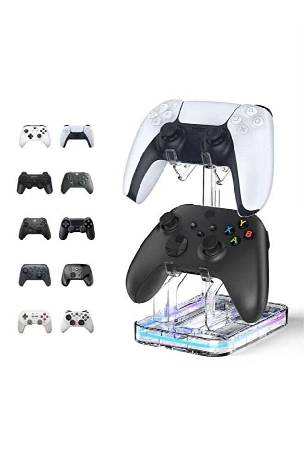 حامل وحدة تحكم RGB، حامل عالمي من طبقتين، حامل سماعات رأس، منفذان USB، لـ PS5 وPS4 وPS3 وXbox Series X/S وSwitch Pro، ديكور لمكتب الألعاب
