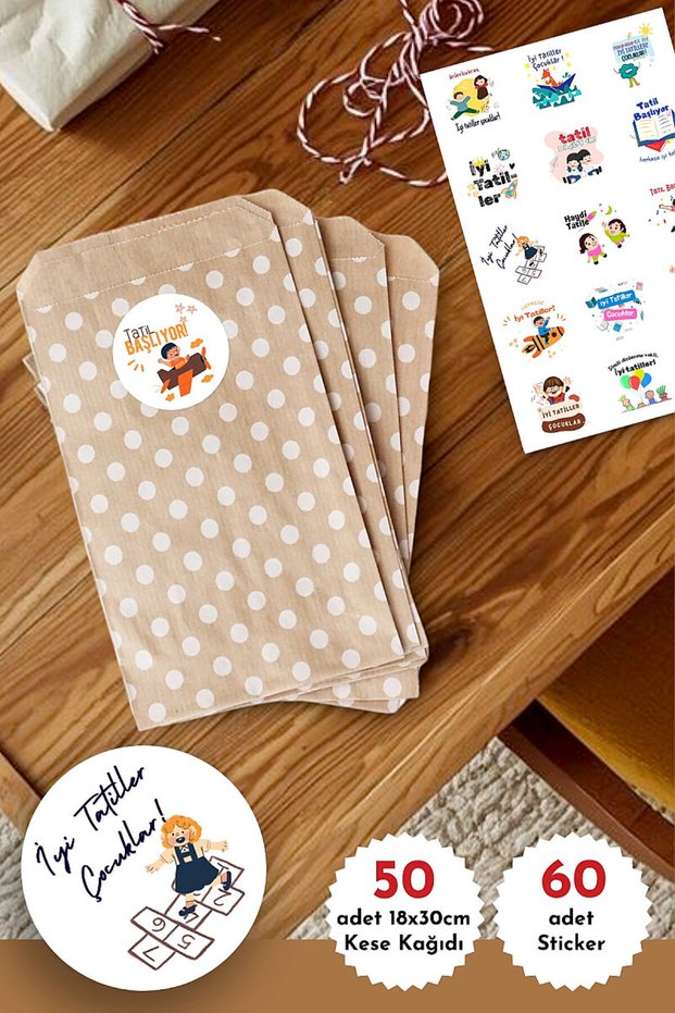 50Pcs Large Size Happy Holidays Gift Package Set (Polka Dot Paper Bag (18X30Cm), 60 Pieces of 4cm Stickers)