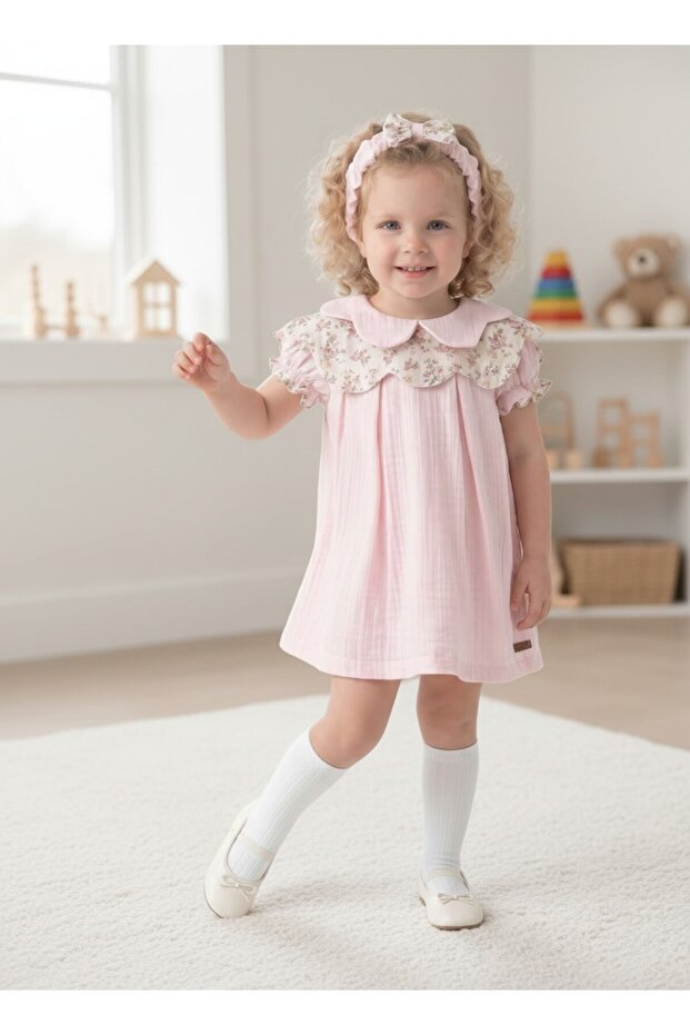 Baby Girl Moon Collar Floral Patterned Cotton Muslin Lined Dress
