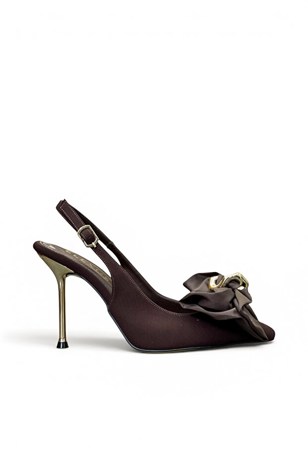 Women's High Heel Stiletto Brown Fabric Pointed Toe Open Back Satin Bow C2203