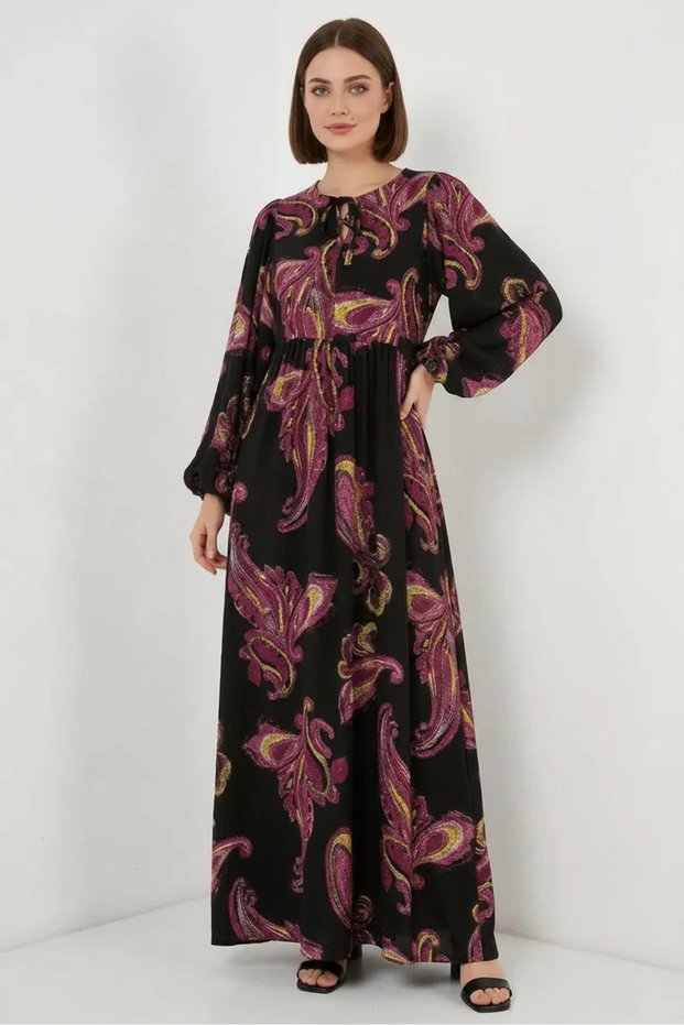Women's Round Neck Balloon Sleeve Patterned Y.Fuchsia Hijab Dress