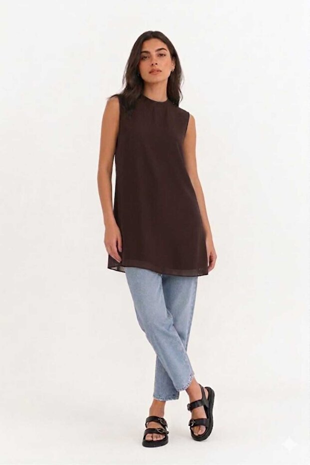 Women's Crew Neck Zero Sleeve Tunic Undergarment with Chiffon Detail on the Front