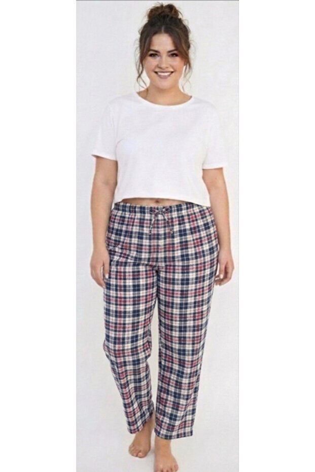 Large Size Cotton Summer Breathable Fabric Pink Navy Blue White Plaid Women's Pajama Bottoms