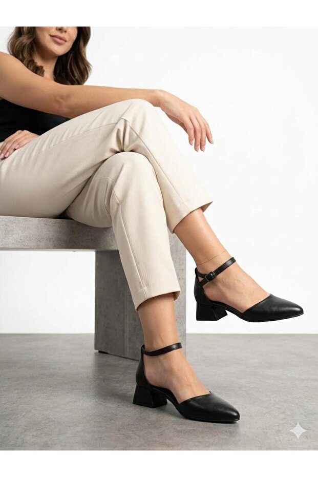 Women's Black Thick Heeled Pointed Toe Single Strap Heeled Shoes