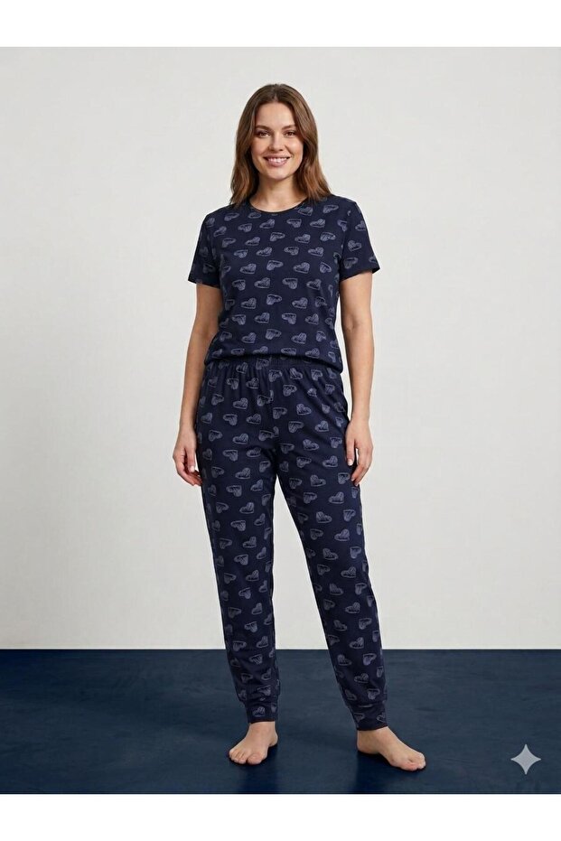 Summer Women's Patterned Combed Cotton Pajama Set