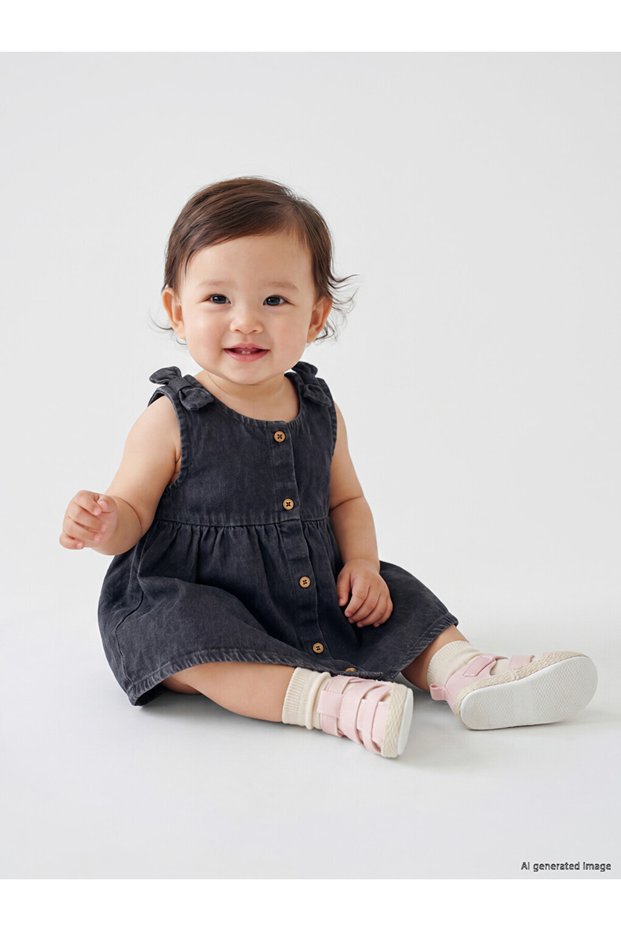 Özmarka New Season Anthracite Bow Detailed Baby Girl Jean Dress