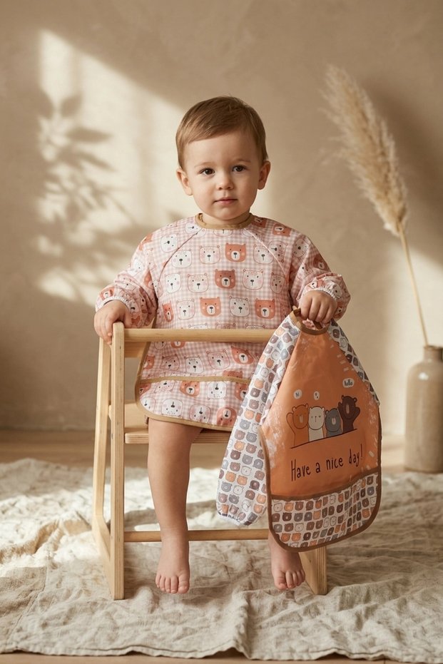 Beary Comfort Set of 2 Waterproof Long Sleeve Baby Bibs 6-24 Months - Stain Resistant and Liquid Proof