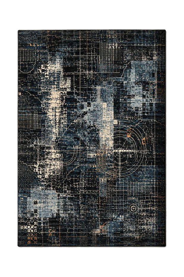 Sdt Abstract Modern Geometric Patterned Navy Blue Black Industrial Woven Base Decorative Carpet Sdt1507