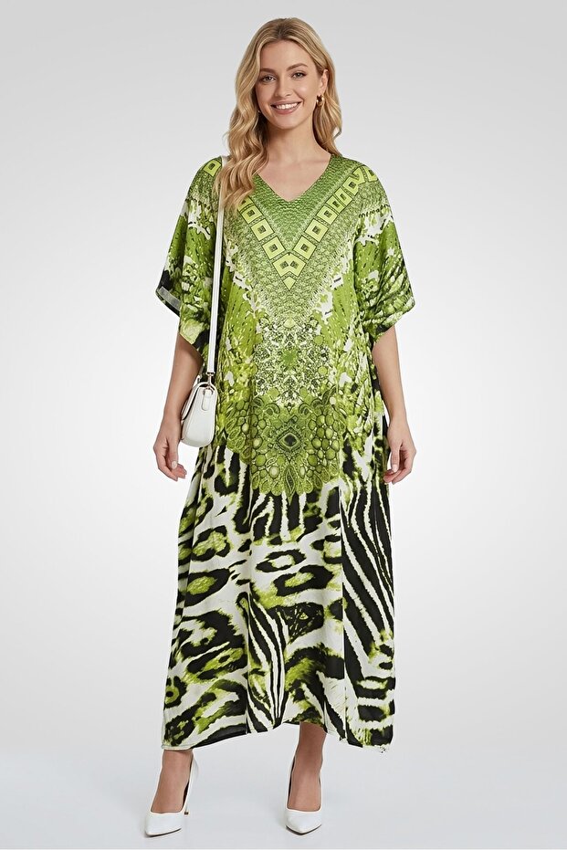 Women Graphic Print Kaftan Maxi Dress, Olive