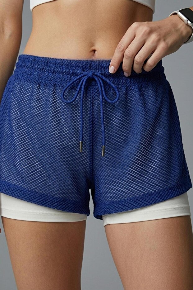 Women's Tights Mesh Sports Shorts Navy Blue-Ecru