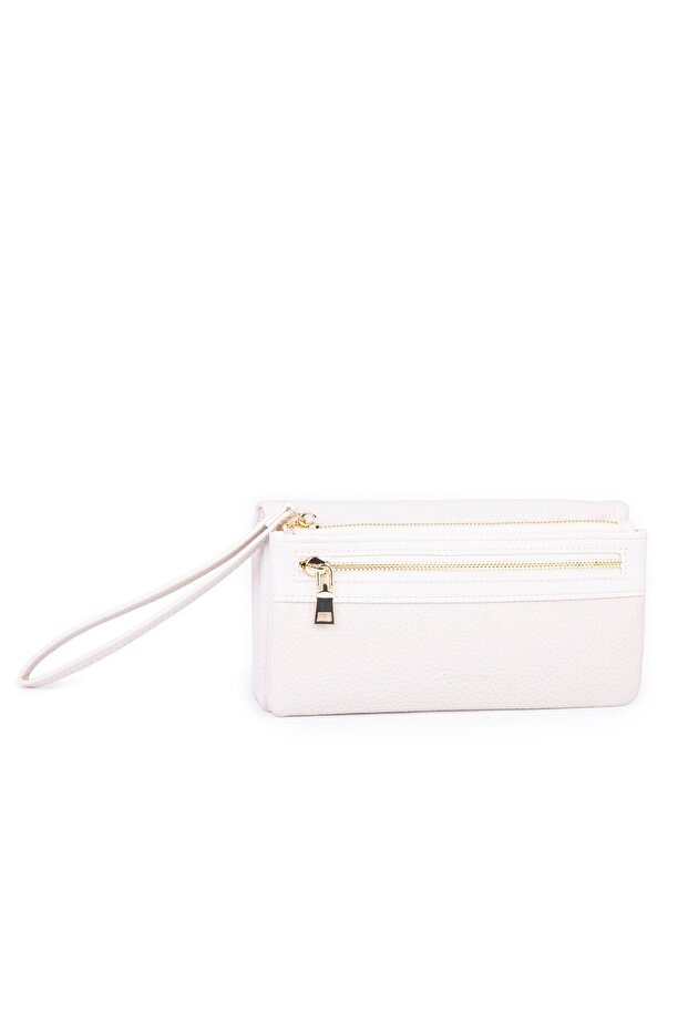 Women's Soft Textured Large Wallet with Multiple Card Holders and Multi-Compartment Wrist Strap, Cream