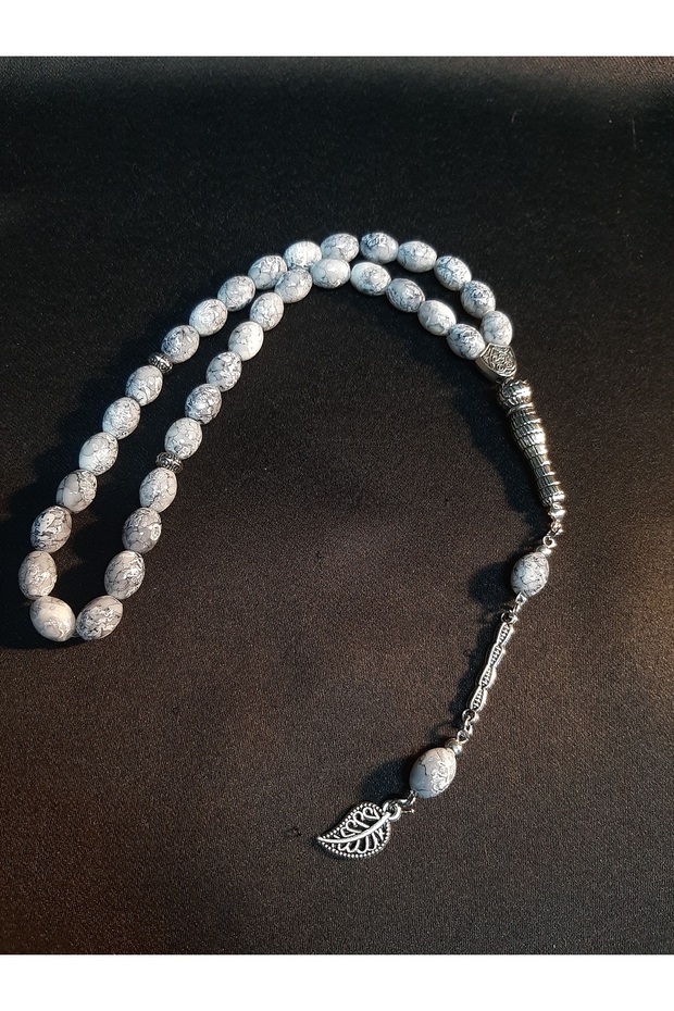 White Color Gray Veined Glass Oval Cut 33-Piece Prayer Beads