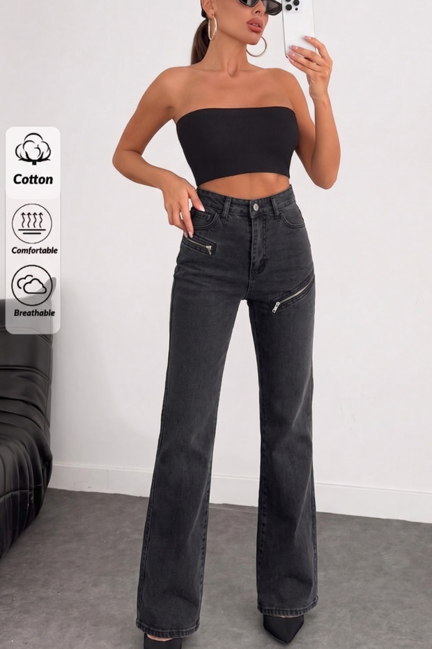 Women's Zipper Detailed Palazzo Black Denim Trousers